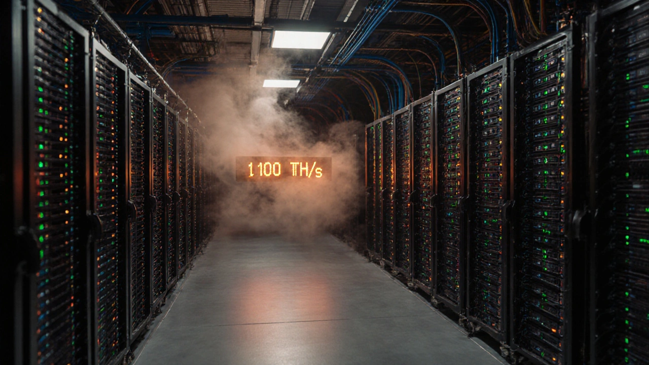Řada ASIC těžebních strojů v industriální hale, osvětlené LED diodami a mírným kouřem.
