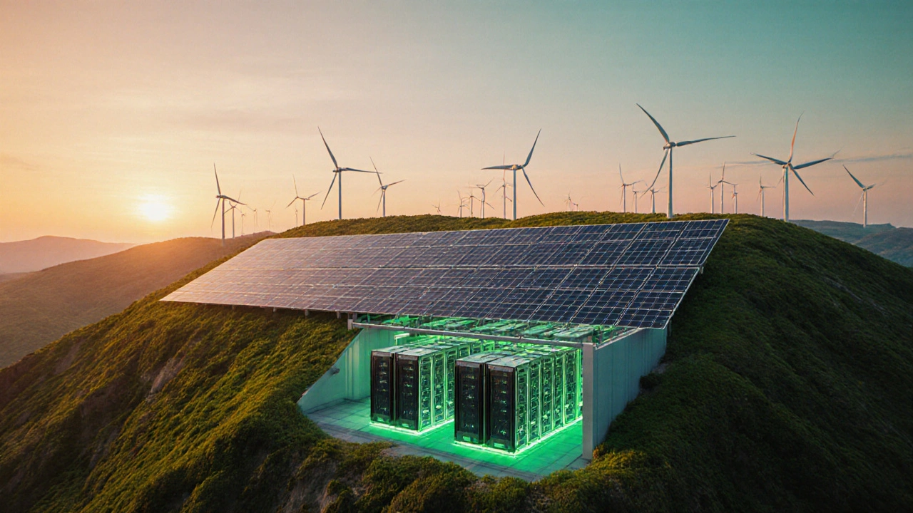 Zelená datová centrum s fotovoltaikou, větrnými turbínami a moderními těžebními zařízeními.