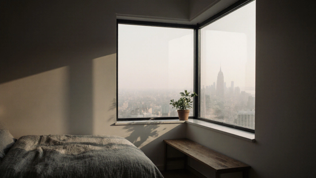 Corner window bedroom with low bench, no wall items beneath glass, plant on sill, blurred city view outside.