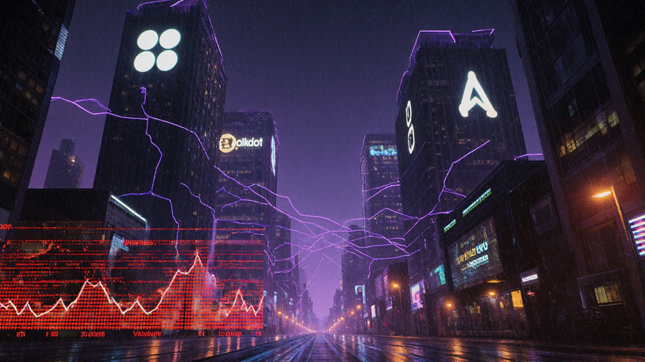 Cyberpunk město s věžemi Polkadot, Cosmos, Avalanche a Thorchain a propojenými datovými proudy.