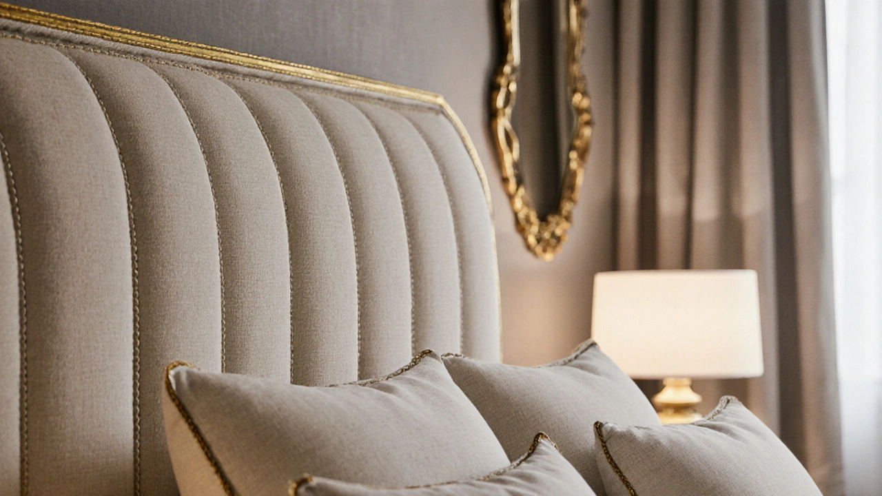 Detail čela postele s svislými prošívanými pruhy a matným zlatým obvodem.