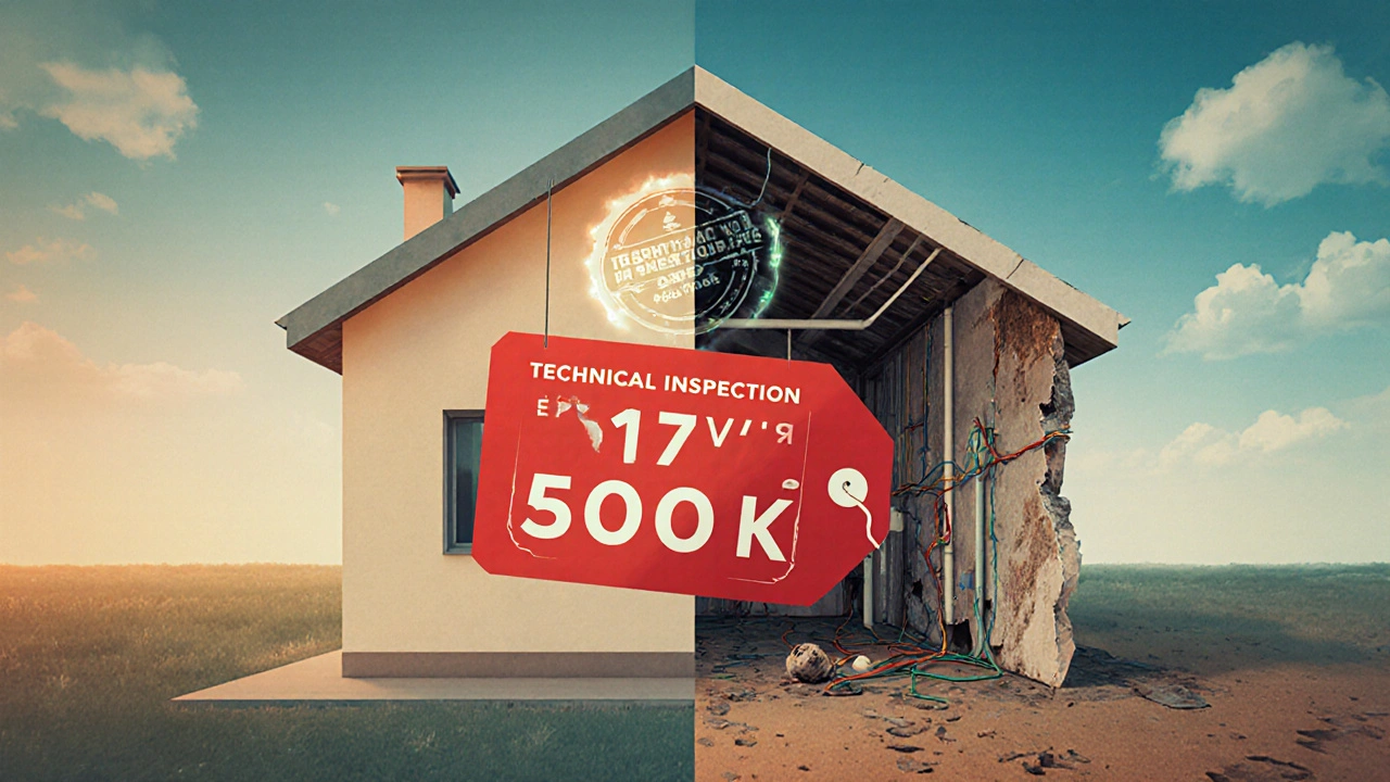 Dvě strany domu: jedna čistá a bezpečná, druhá zřízená a poškozená, s upozorněním na náklady.