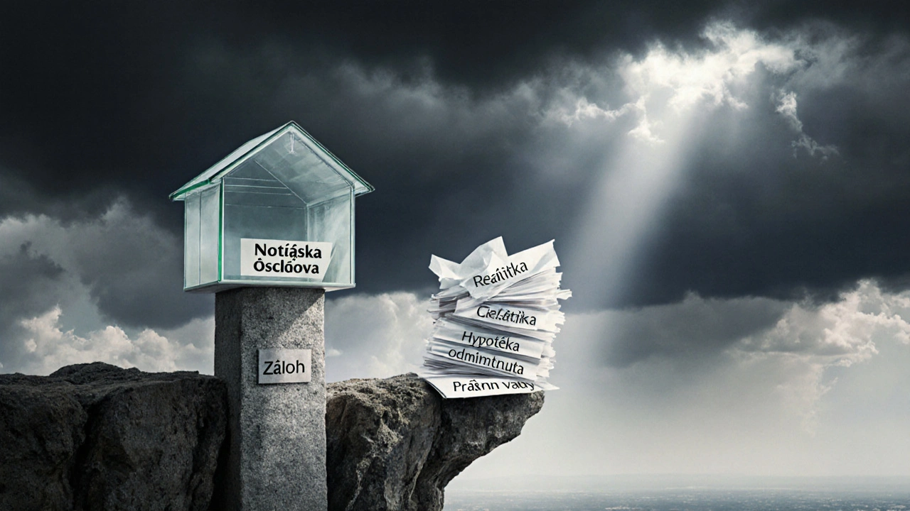 Fragilní dům zálohy na okraji útesu — jedna strana chráněna notářskou úschovou, druhá hrozí zhroucením.