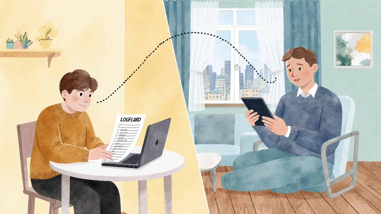 Ilustrace ukazuje nájemníka píšícího e‑mail a pronajímatele čtoucího zprávu, mezi nimi komunikační šipky.