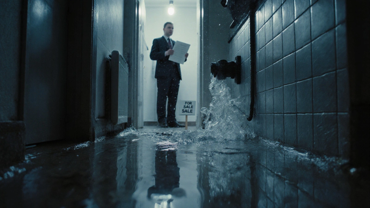 Prasklé plastové potrubí v zdi, vytékající voda za novými dlaždicemi, kupující v chodbě.