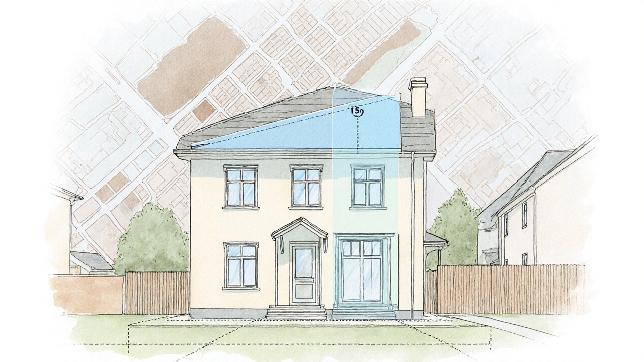 Přístavba podkroví 15 m² s měřením vzdálenosti 3 m od hranice pozemku.