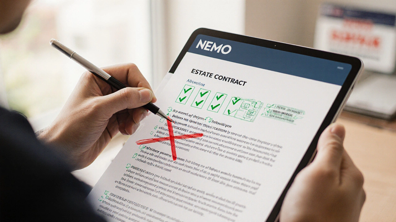 Ruka škrte nebezpečnou podmínku v smlouvě, zatímco tablet ukazuje čistý výpis z katastru nemovitostí.