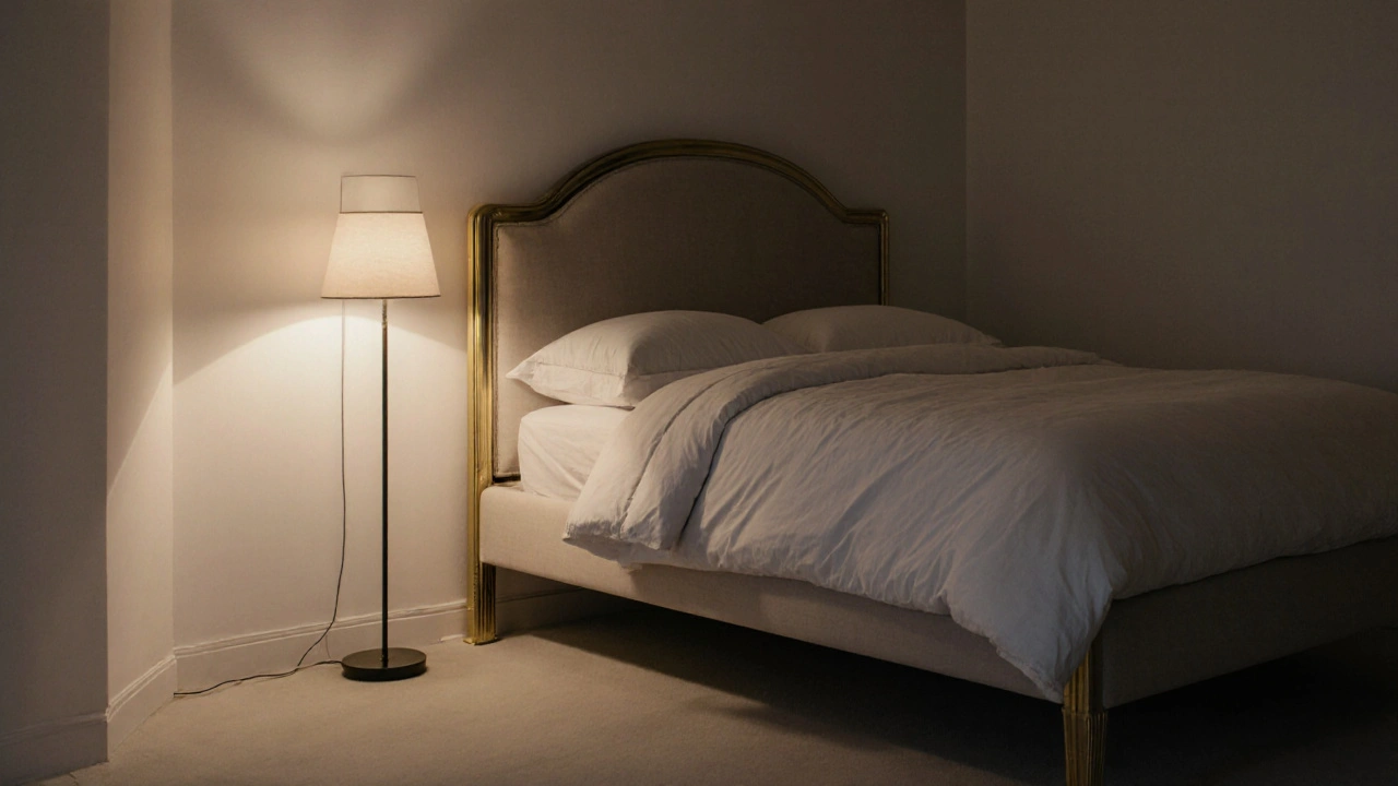 Zjednodušené Art Deco čelo postele s matně zlatými nožkami jako jediný akcent v malé ložnici.