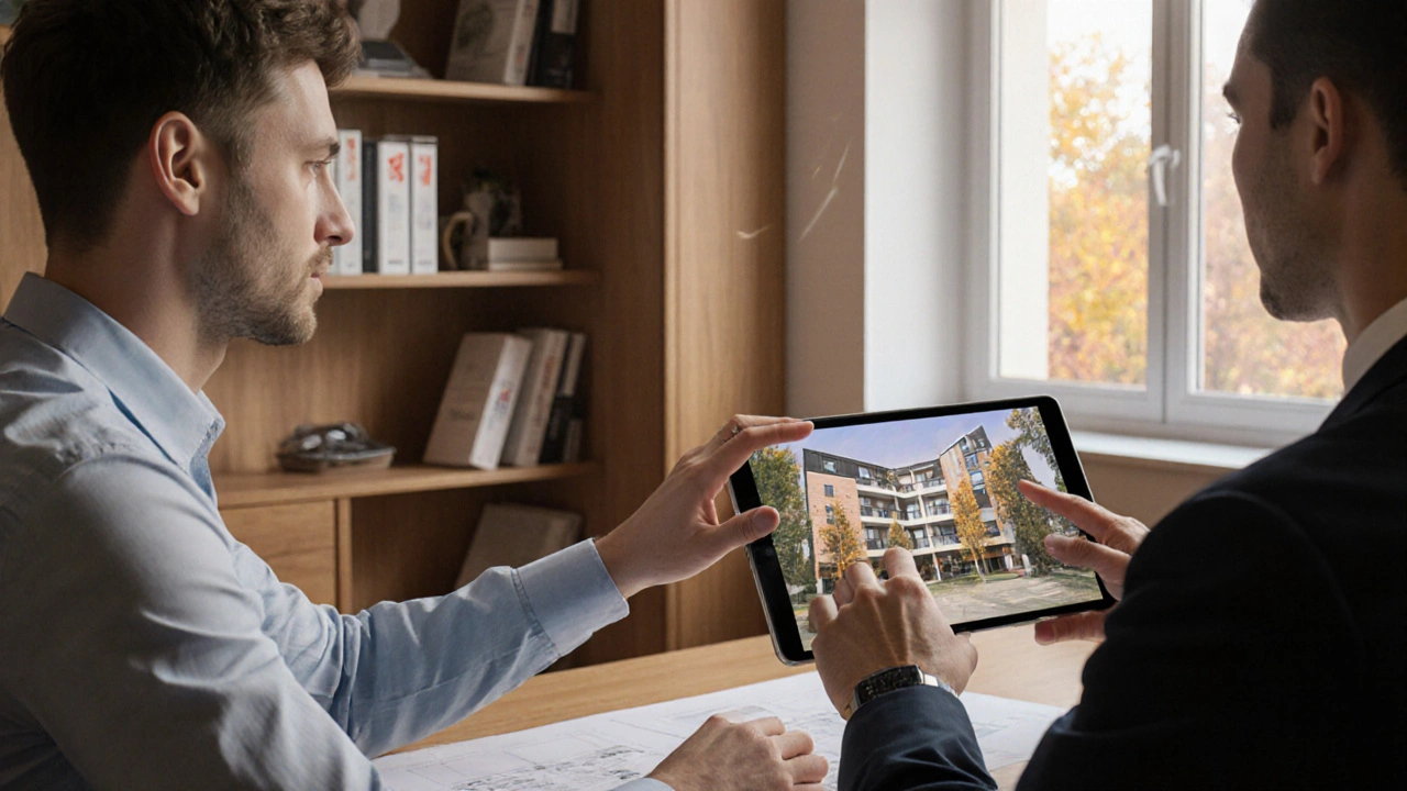 Architekt ukazuje klientovi interaktivní 3D vizualizaci rekonstruovaného bytu na tabletu.