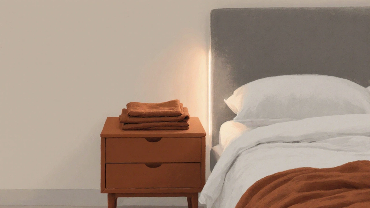 Bílá postel s jedním terakotovým nočním stolekem a jednou záclonou ve stejné barvě v klidném, neutrálním prostředí.