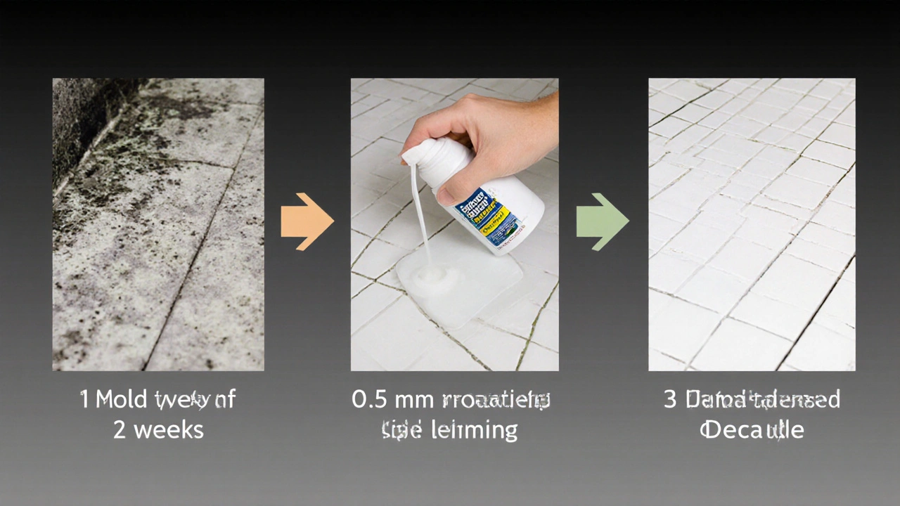 Časová osa údržby švů: od plísně přes impregnaci k trvalé ochraně bez plísně po letech.