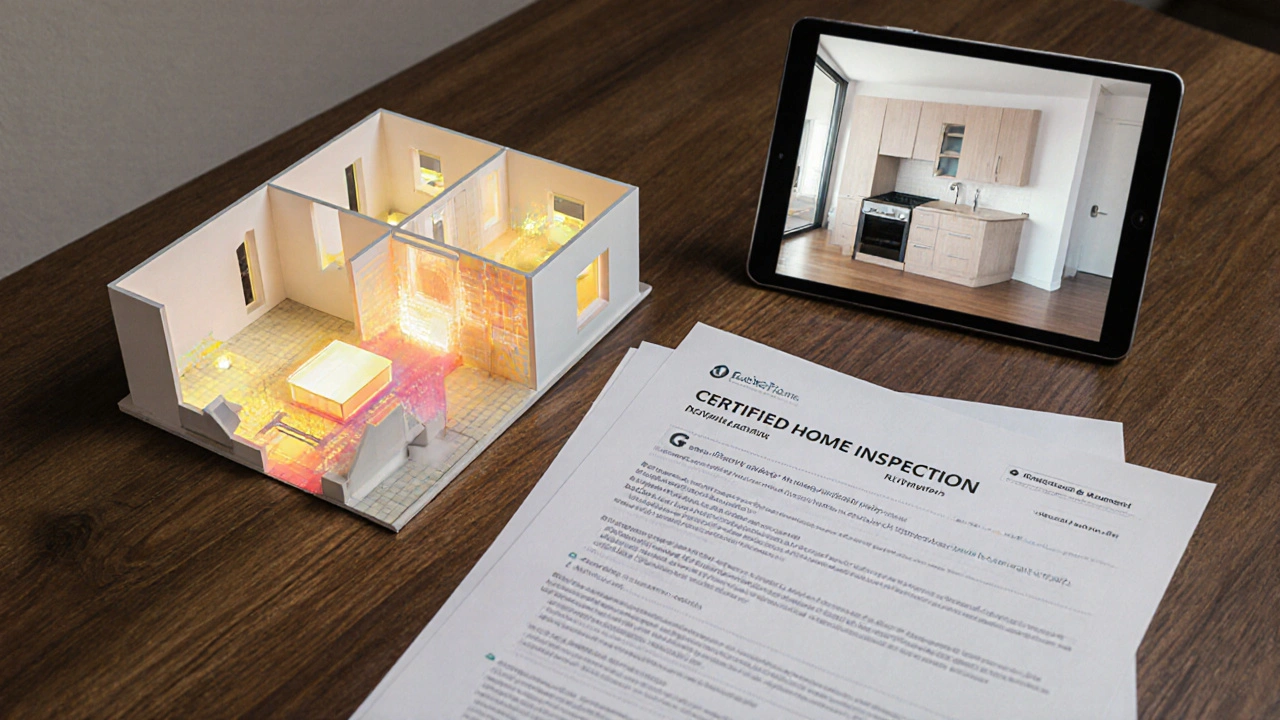 Certifikovaná inspekce nemovitosti s 3D modelem a profesionálními fotografiemi renovovaného bytu na stole.