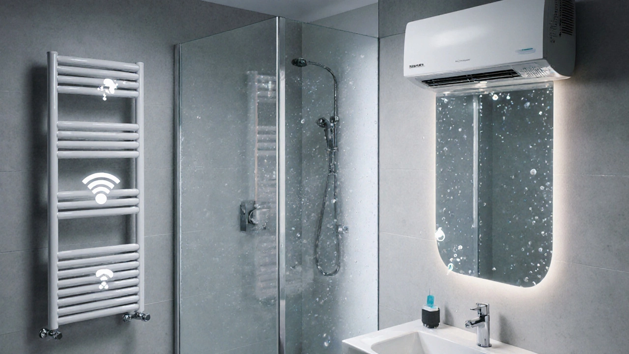 Chytrý radiátor s senzorem vlhkosti a rekuperační ventilací v moderní koupelně.