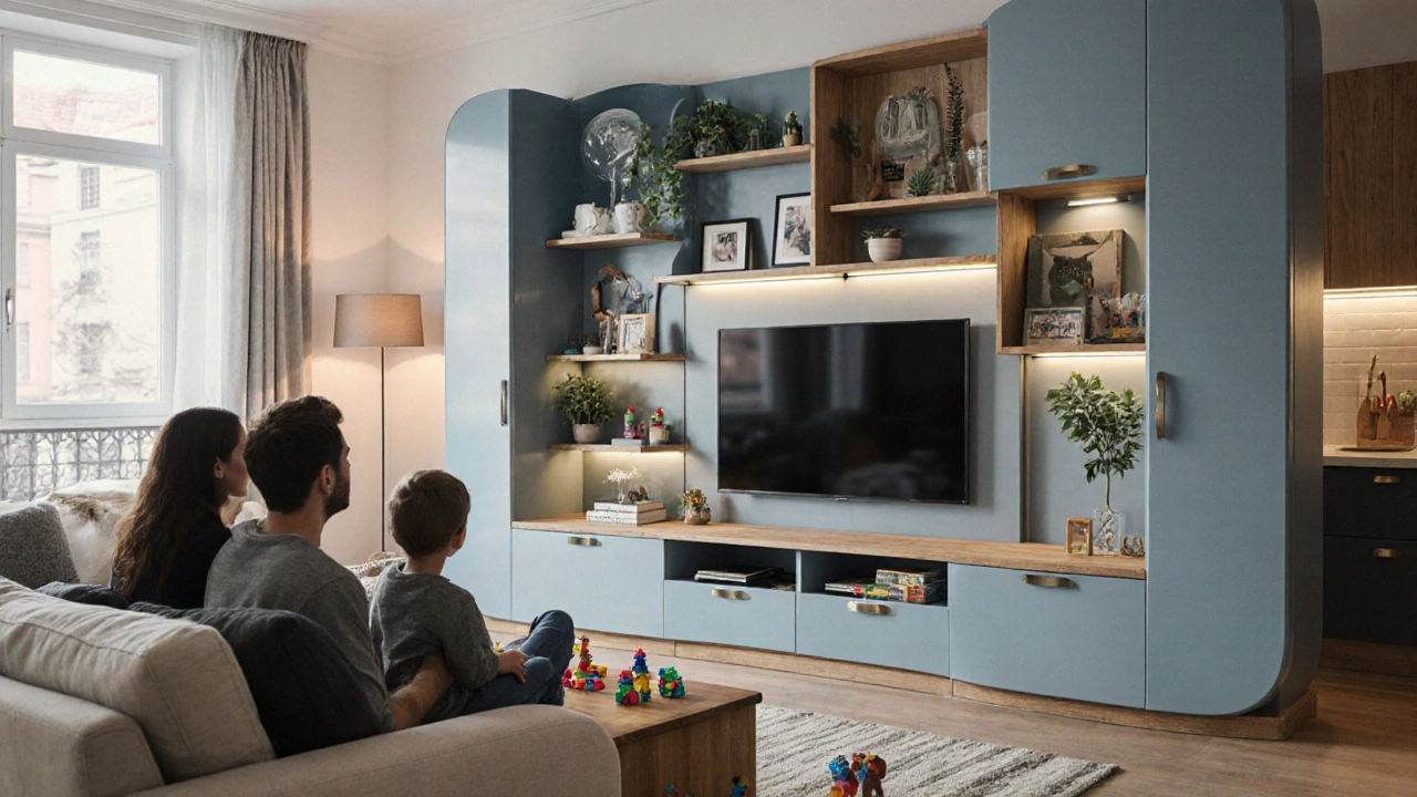 Curved pastel-blue living wall dividing living and kitchen areas in a cozy family home.
