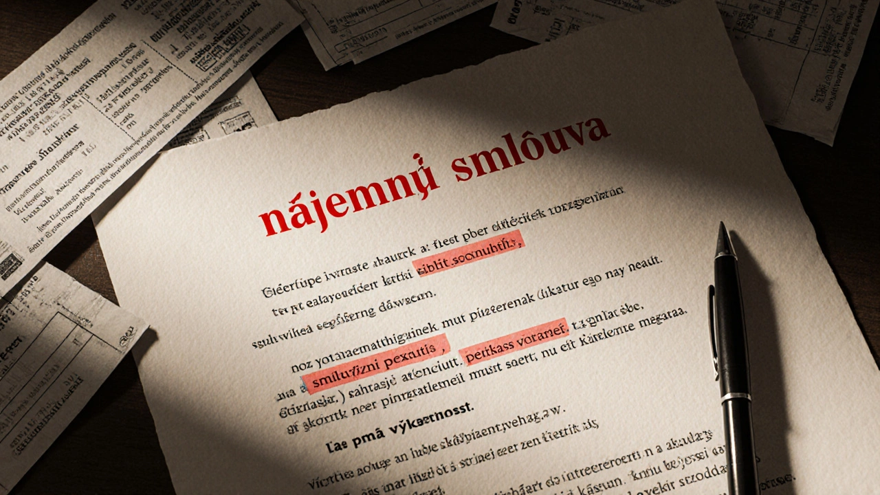 Detail nájemní smlouvy s výrazně označenými klíčovými ustanoveními.