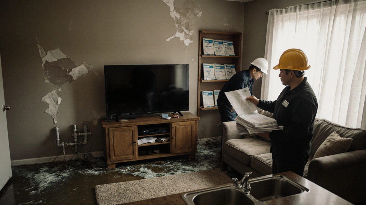 Domácí majitel drží poškozené dokumenty vedle zničeného bytového prostoru s mokrým koberec a poškozenou televizí.