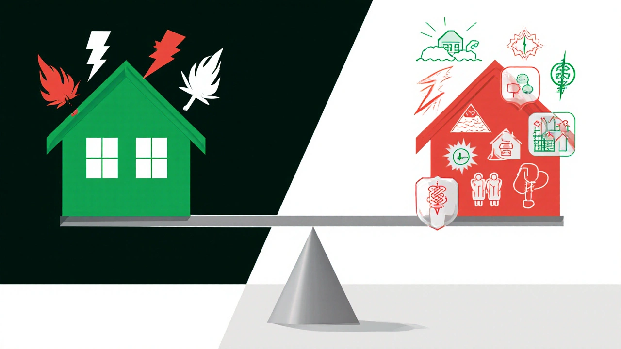 Dům rozdělený na dvě části: jedna s minimálním pojištěním, druhá s rozšířeným krytím, symbolicky znázorňující ochranu.