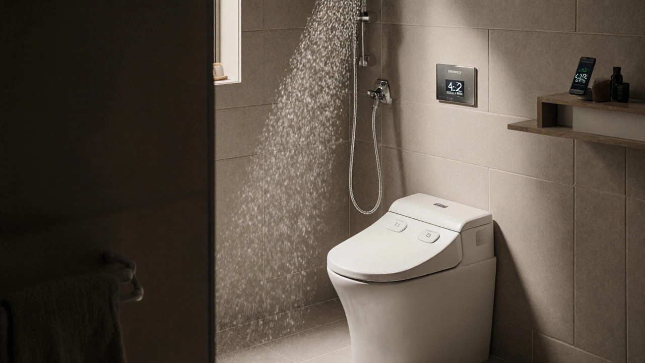 Dvojrežimová nádržka záchodu a úsporná sprchová hlavice v koupelně.