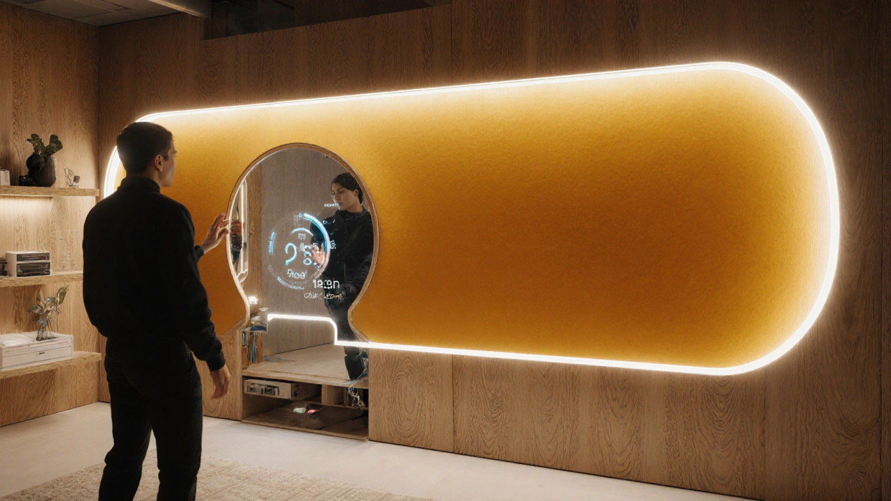 Futuristic living wall with smart mirror and orange accent panel, integrated lighting and storage.