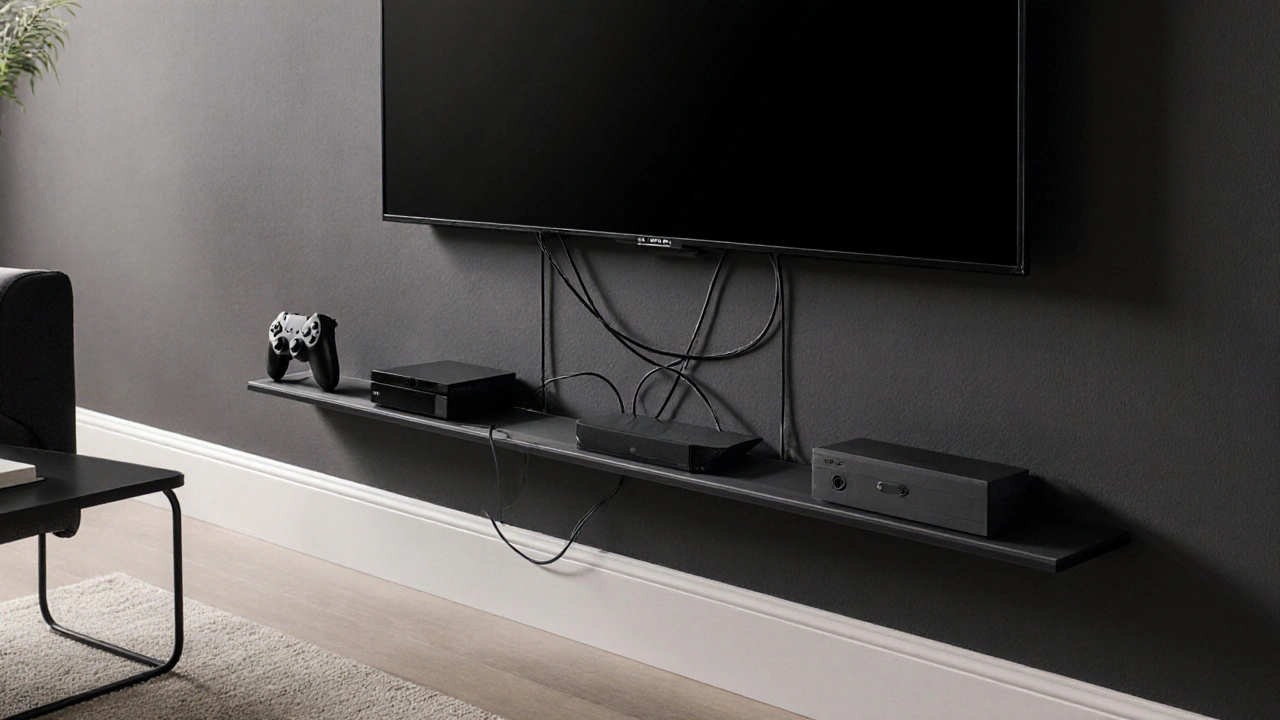 Hliníková kabelová lišta připevněná pod televizí s kabely v jedné rovné linii.