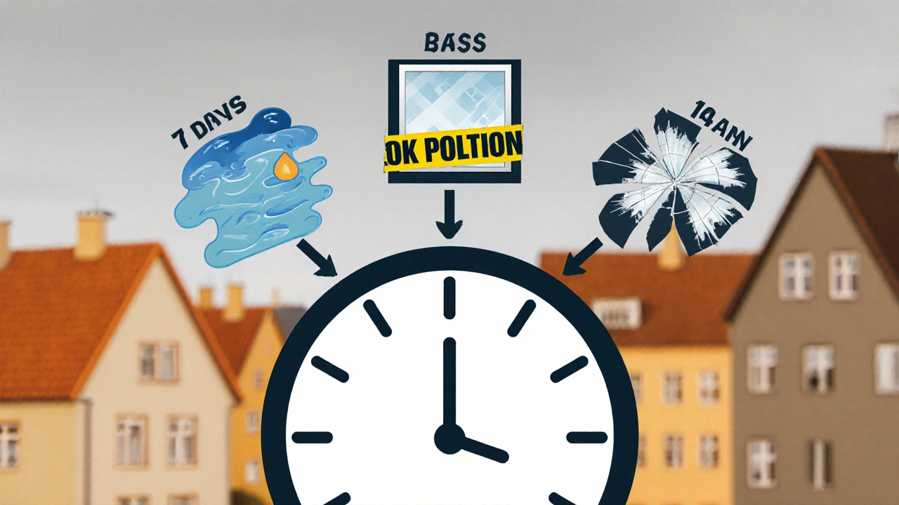 Hodiny s třemi ručičkami ukazujícími různé délky karcence pro různé typy škod.