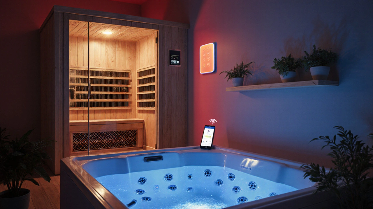 Hybridní wellness kabině s infrasaunou a hydromasáží, chytrý ovladač a moderní design.