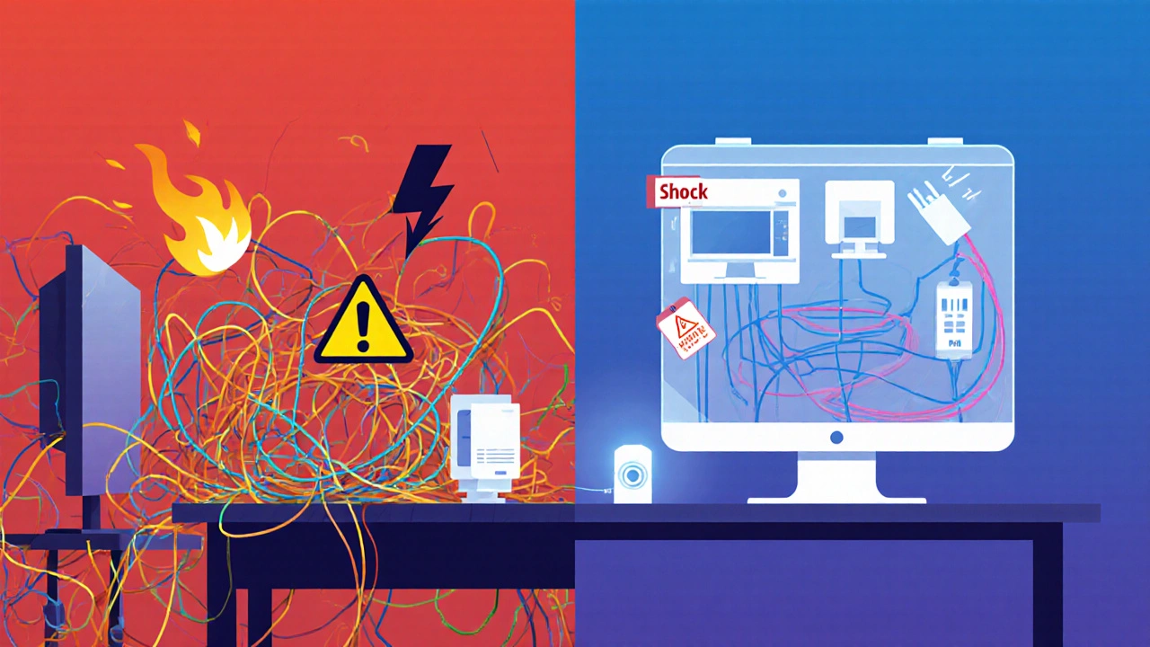 Konceptuální obrázek: chaos kabelů vs. organizovaný systém s chytrým čidlem.