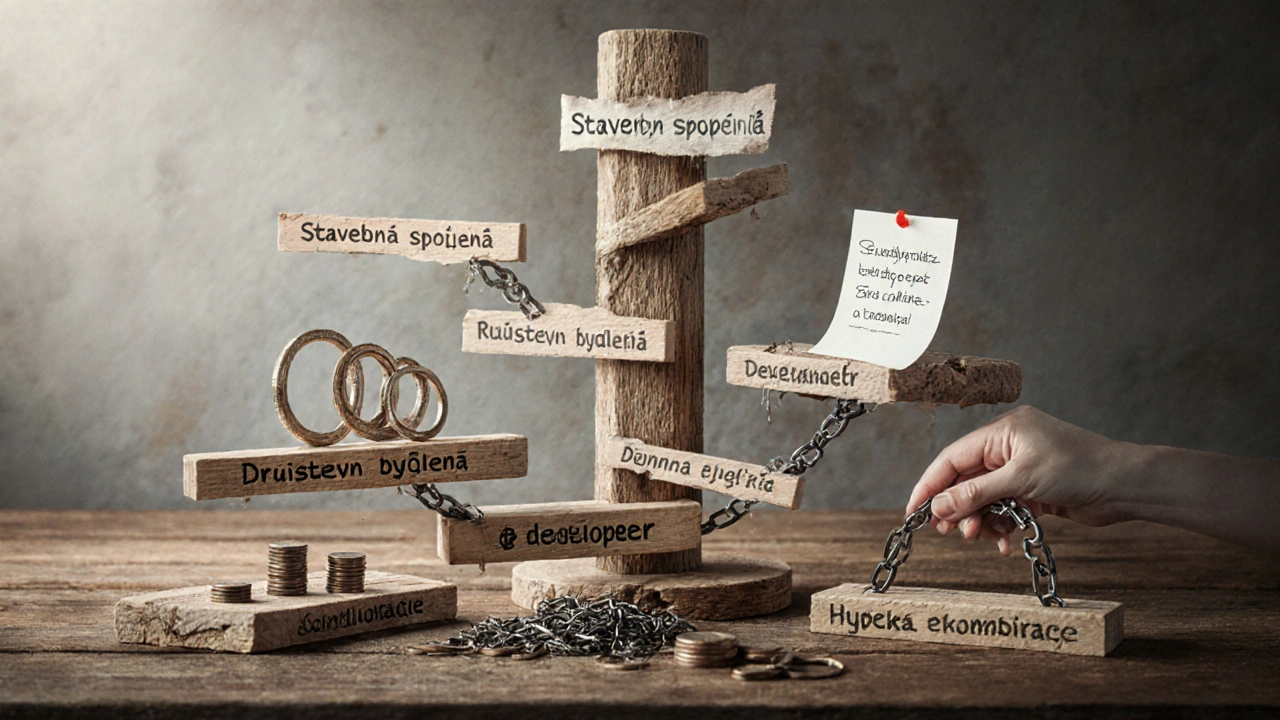 Konzultace financování nemovitosti: šest cest na dřevěném stole.