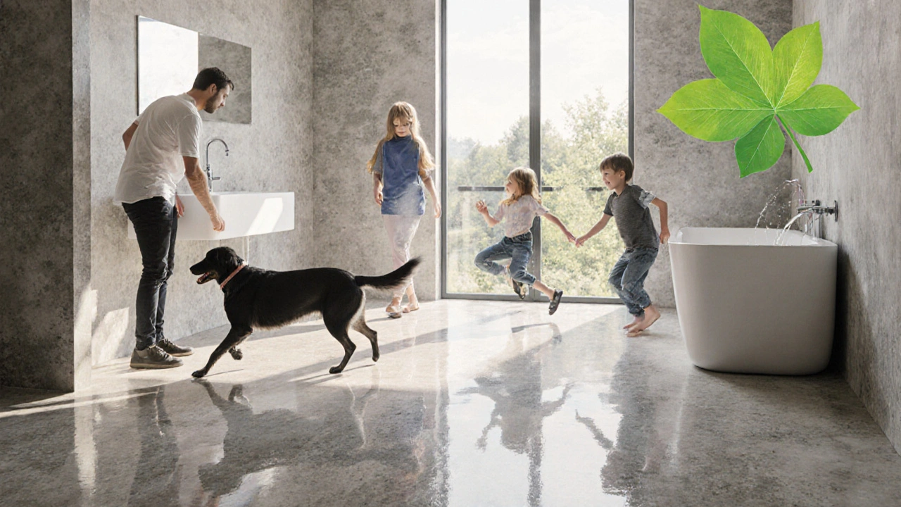 Koupelna s vinylovou podlahou, rodina a zvířata na teplé, vodotěsné podlaze.