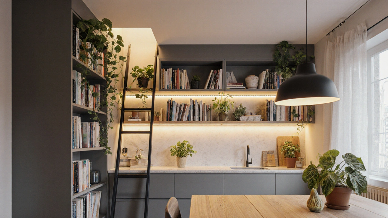 Kuchyně s vestavěnou knihovnou až ke stropu a fixními schůdkami v uzavřené poloze.