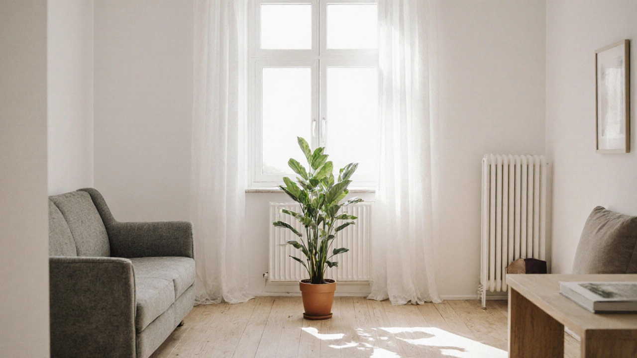Malý byt s jediným zeleným rostlinou jako barevným akcentem na světlém, minimalistickém pozadí.