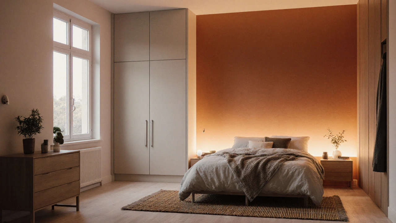 Minimální ložnice s terakotovou stěnou, skrytým úložným systémem a jemným osvětlením v malém prostoru.