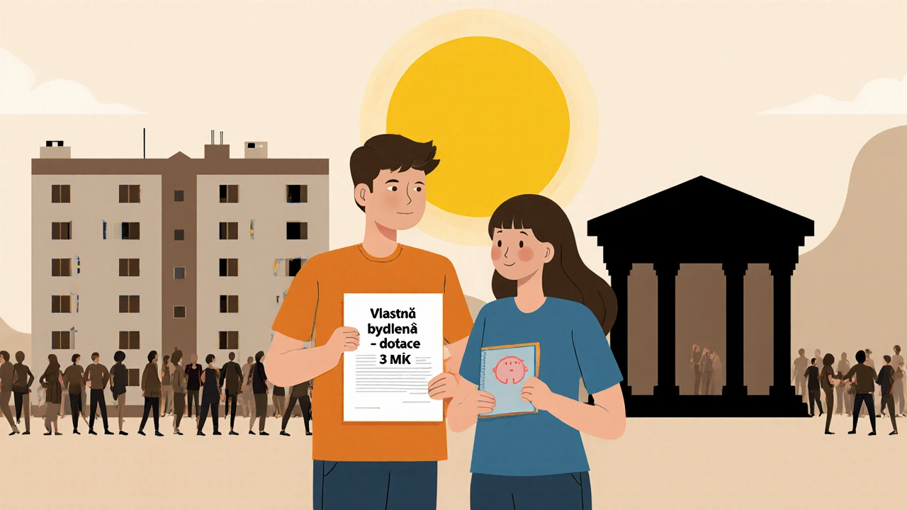 Mládencí stojí před novostavbou s dokumentem o státní dotaci.