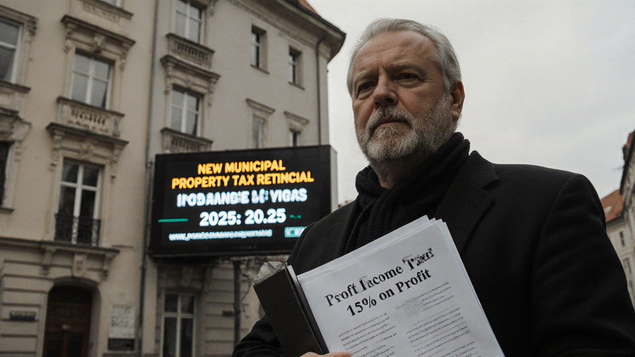 Muž stojí před bytovým domem s dokumenty o daních z příjmu a nových městských sazbách.