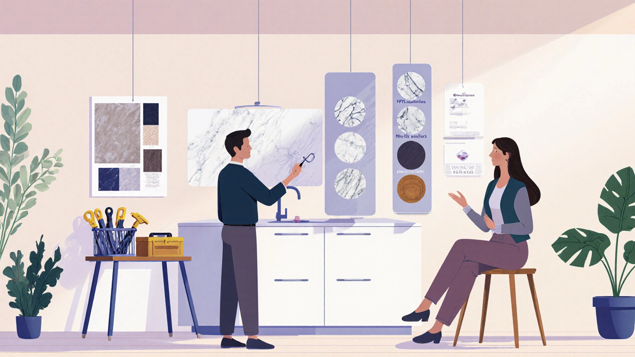 Návrhář ukazuje 3D model vlastní kuchyně zákazníkovi v designovém ateliéru.