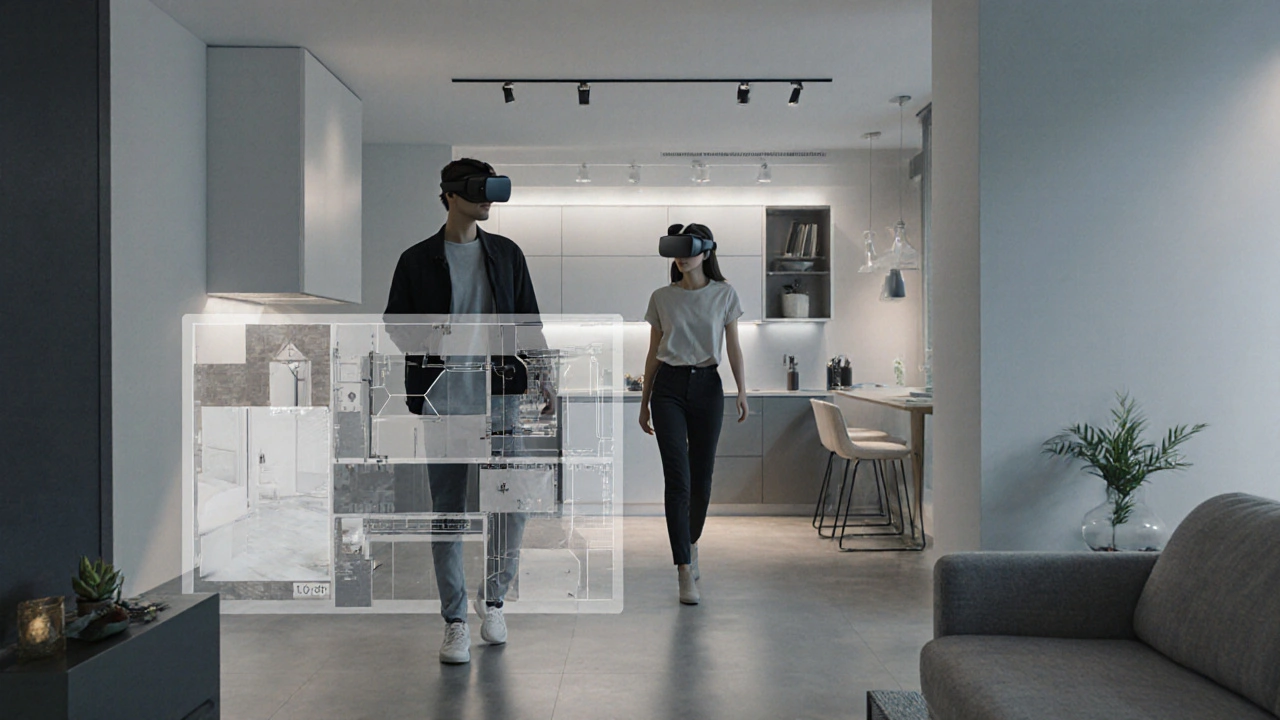 Pár používá VR headset k procházení svého přizpůsobeného bytu v developerově showromu.