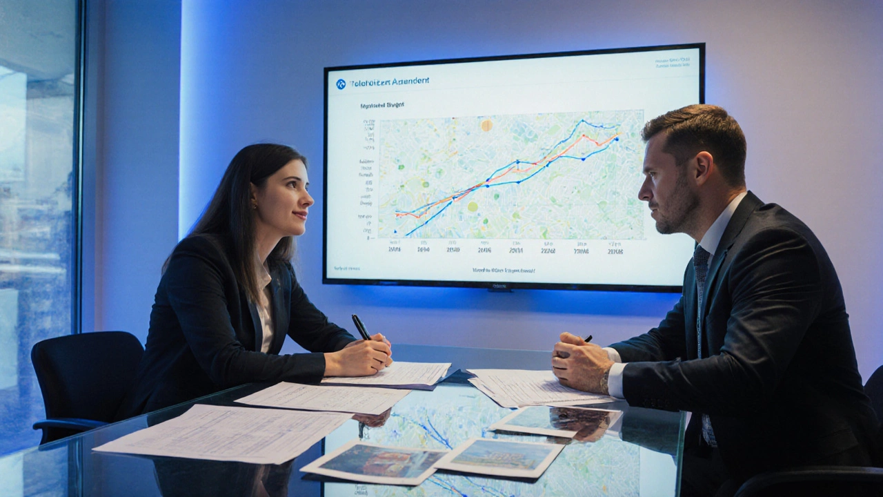 Pár v bance s finančním poradcem, před nimi rozpočet a fotografie rekonstrukce.