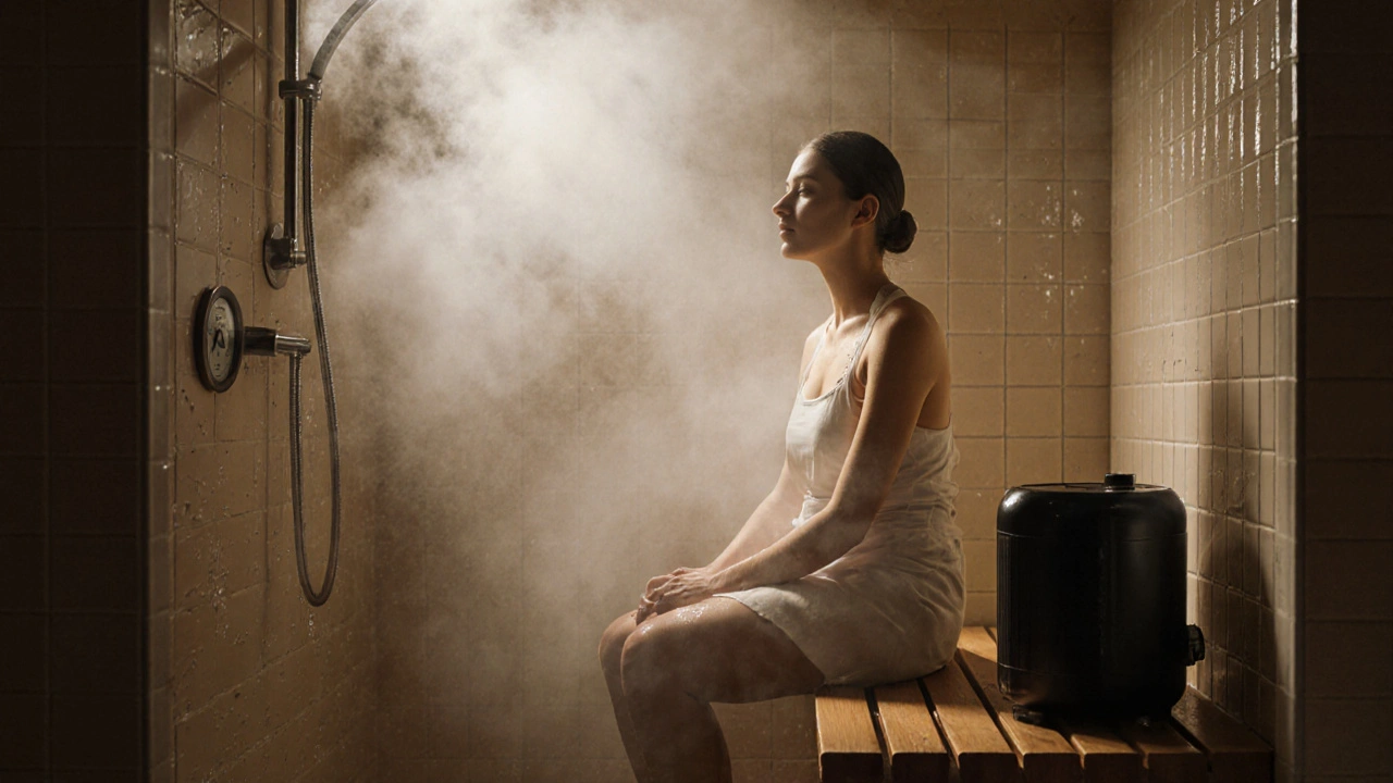 Parní lázeň v malé koupelně, měkká pára a klidná osoba na dřevěné lavičce.