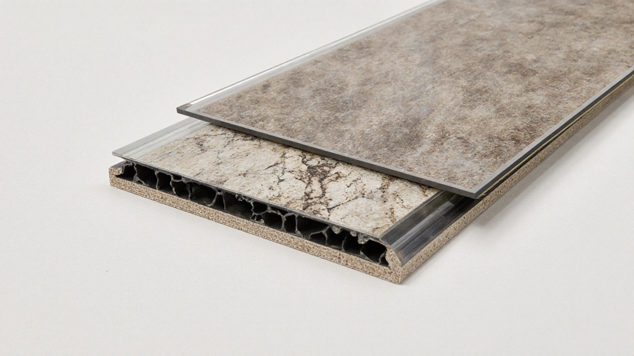 Příčný řez vinylové dlaždice s vrstvami: ochranná, dekorativní, jádro a podložka.