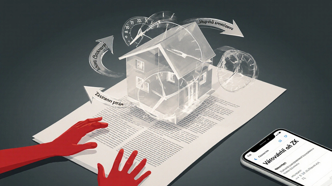 Průhledný dům obklopený 20 hodinovými ručičkami, zastavený rukou označenou &#039;Námitka&#039;.