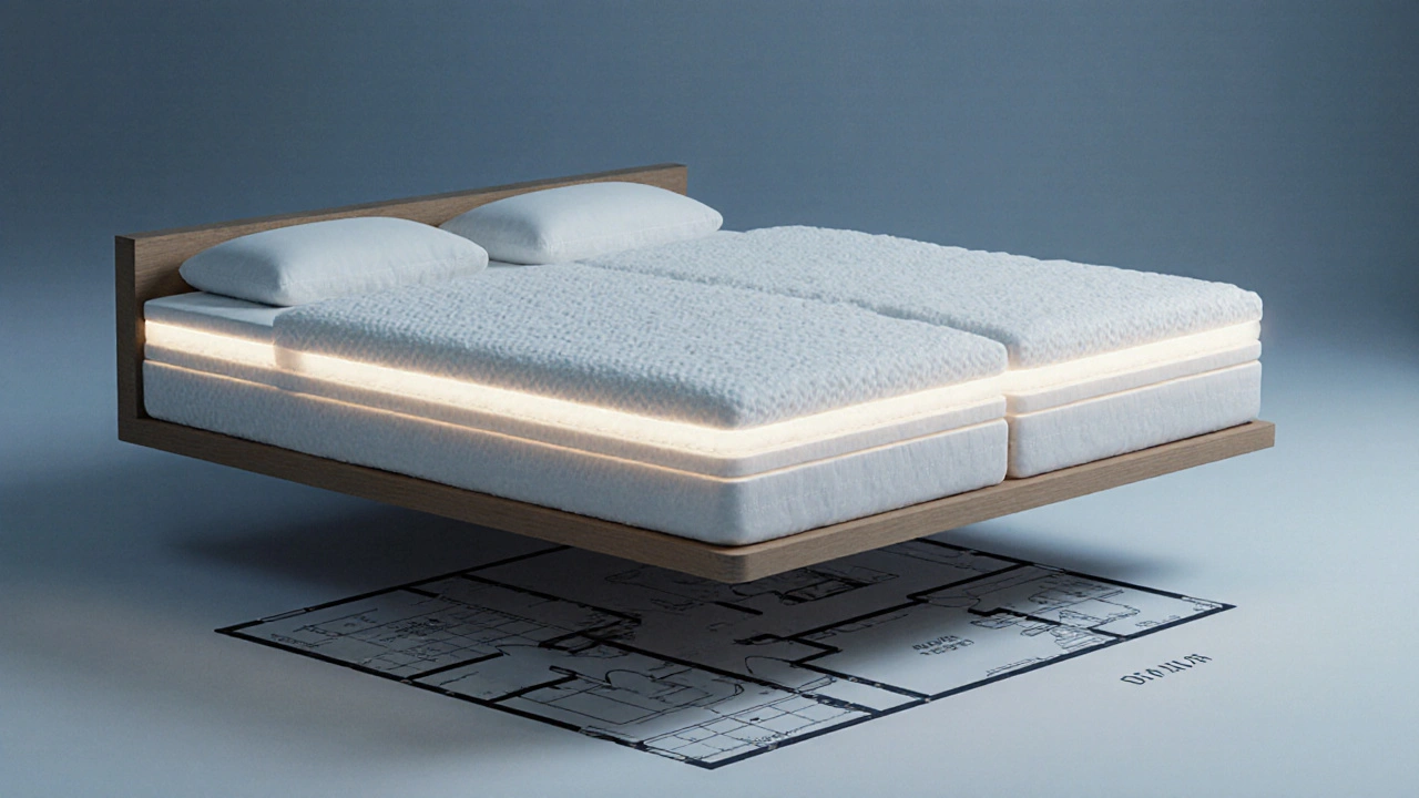 Průřez chytré postele s senzory a paměťovými materiály, integrovanými do moderního rámu.