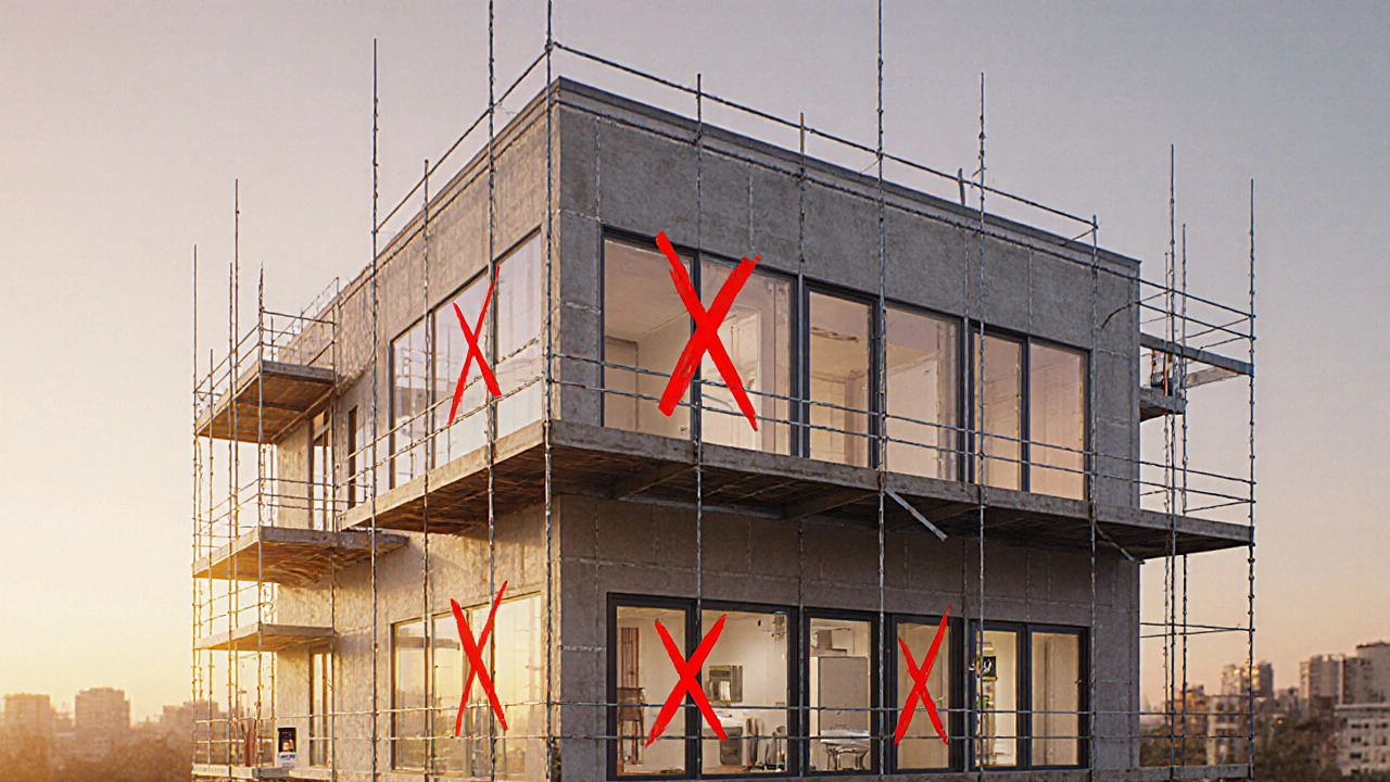 Průřez novostavbou s viditelnými povolenými a zakázanými úpravami interiéru.