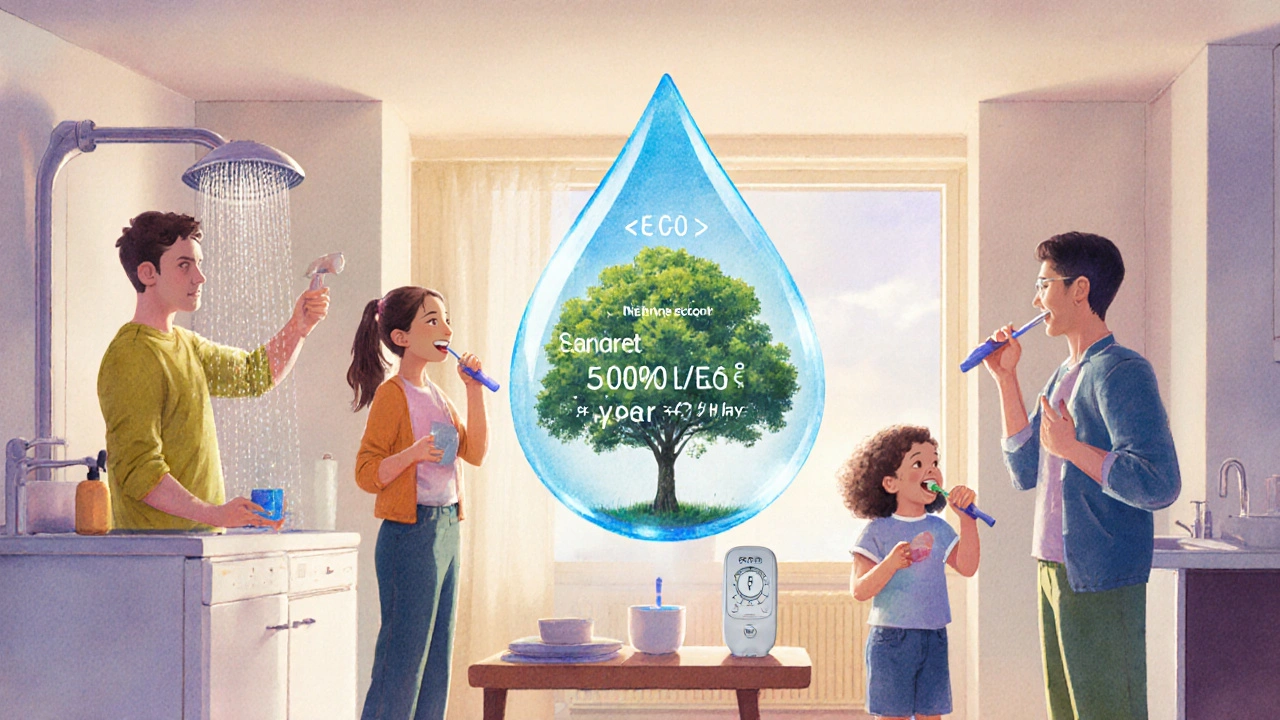 Rodina šetří vodu – sprcha, myčka a monitor spotřeby v domácnosti.