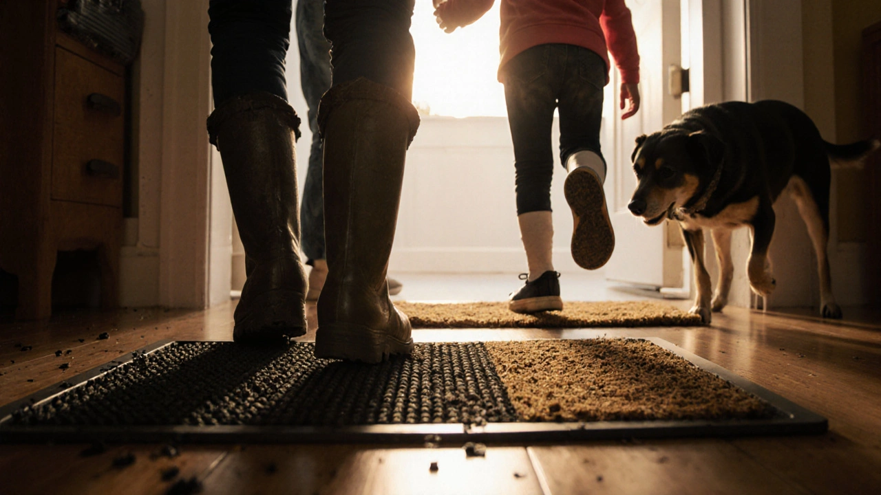 Rodina vstupuje do domu, kde boty a tlapy zvířat jsou čištěny v postupných zónách.