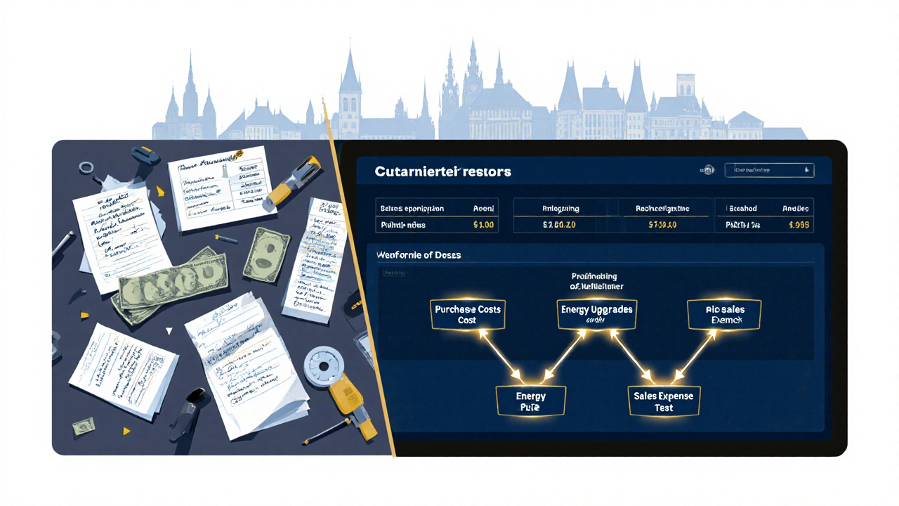 Rozdělená scéna: chaos s ručními účtenkami na jedné straně, čistá digitální kategorizace nákladů na druhé.