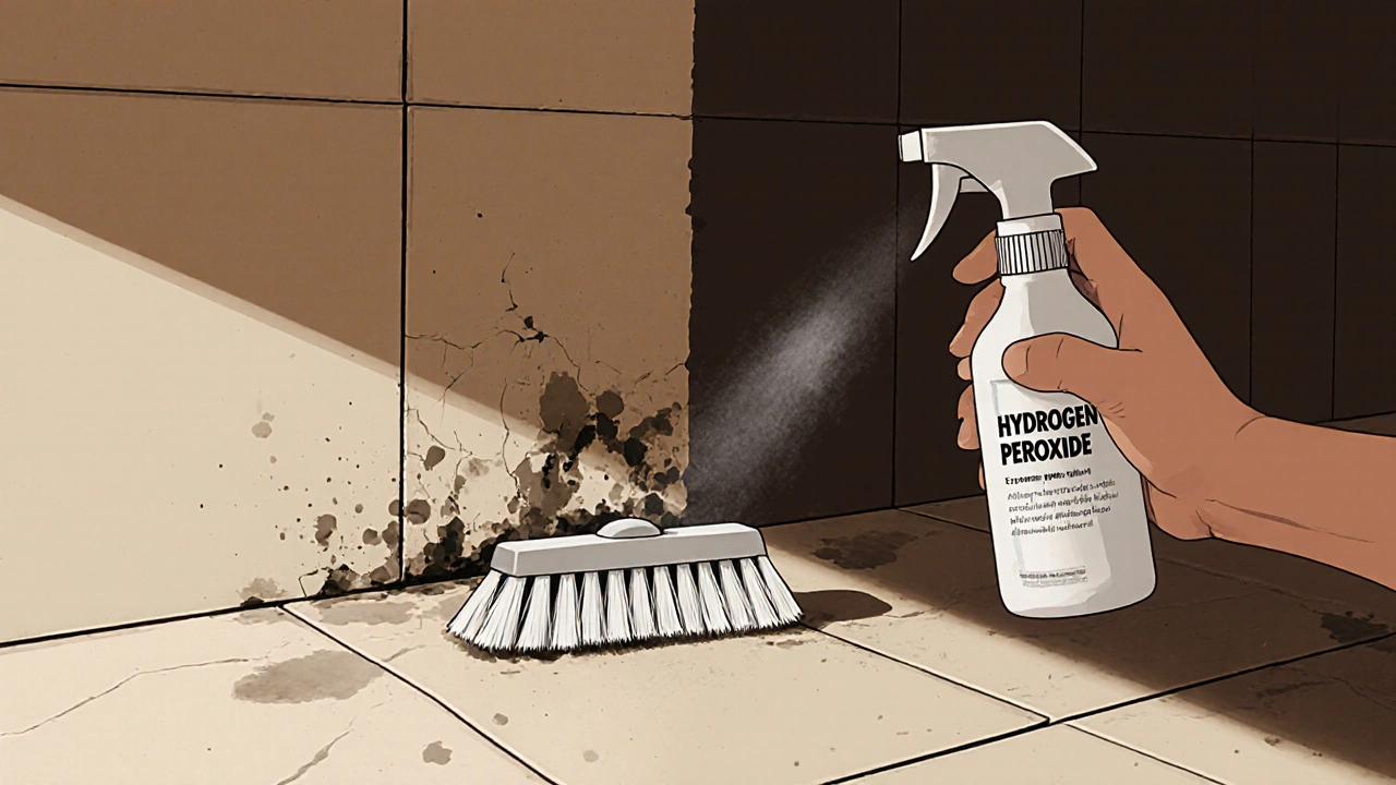 Ruka čistí švy nylonovým kartáčem s peroxidem vodíkem, zatímco na pozadí je vidět rozdíl mezi čistými a plísňovými švami.