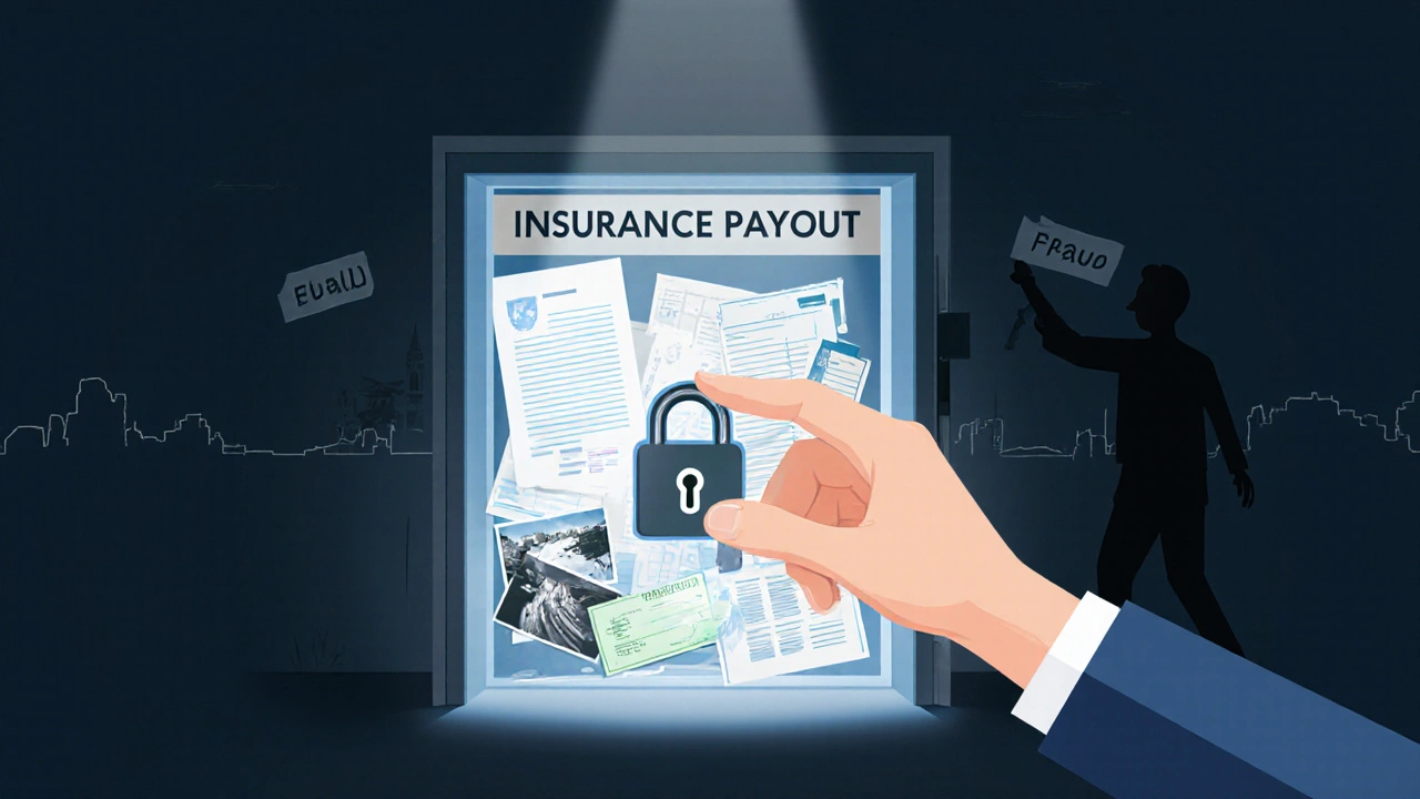 Ruka vkládá klíč do zámku pojistného plnění, zatímco stín podvodu se snaží zabránit výplatě.