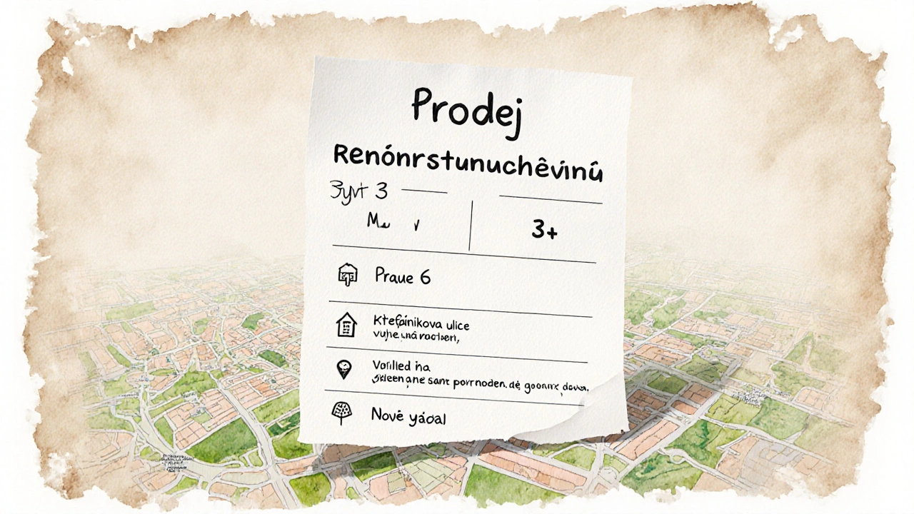 Rukou psaný inzerát s přesnými detaily nemovitosti v Praze 6, mapa a ikony.