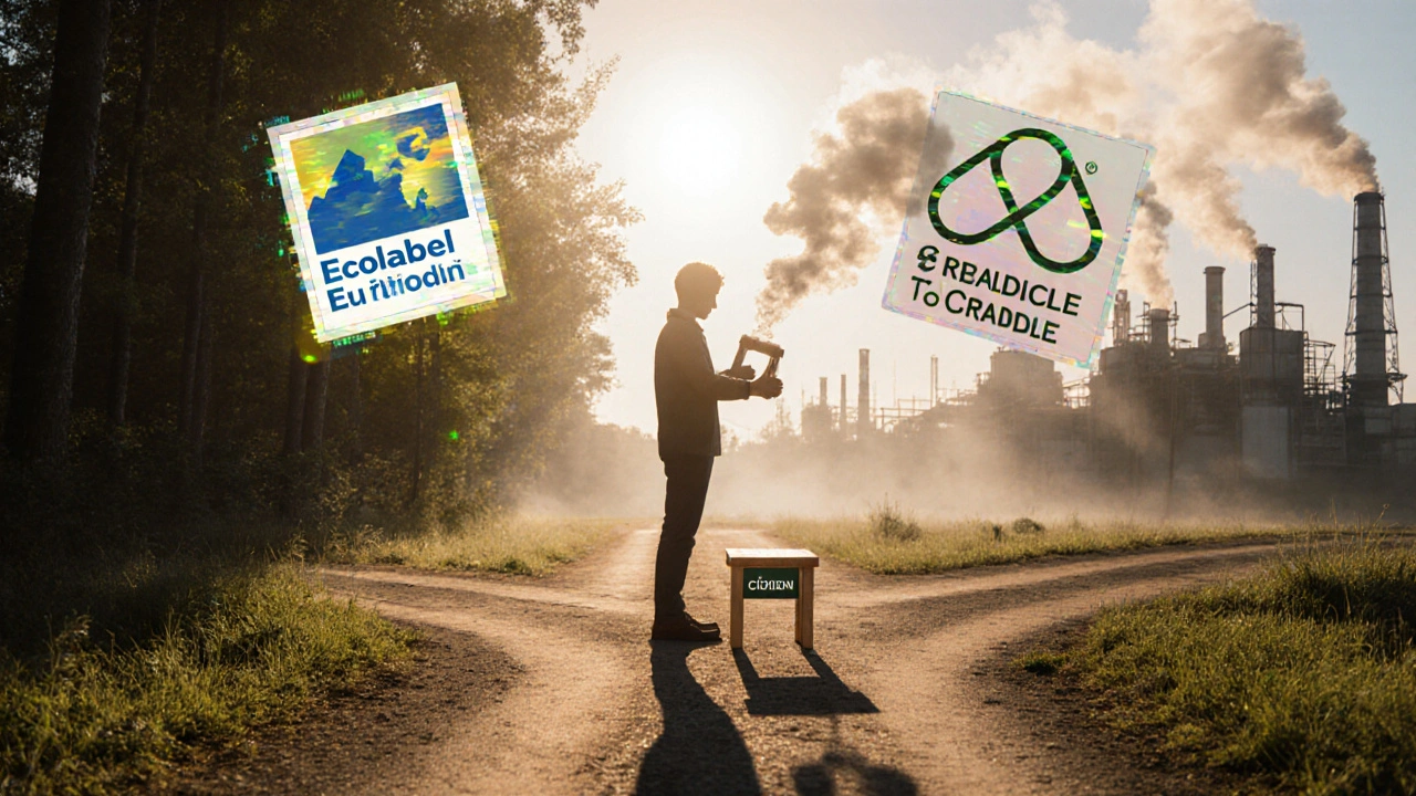 Spotřebitel stojí na křižovatce mezi pravou a falešnou ekologickou cestou, symbolizující výběr mezi autentickou a podvodnou udržitelností.