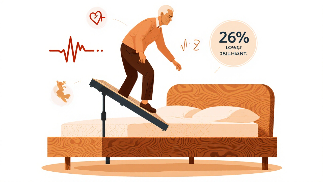 Starší osoba se snadno vstává z vysoké postele, zatímco nízká postel v pozadí znázorňuje riziko.